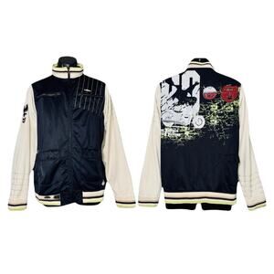 VTG Caffeine Y2K Bomber Jacket Men Medium Navy Cream Zip Vinyl Graphic Embroider